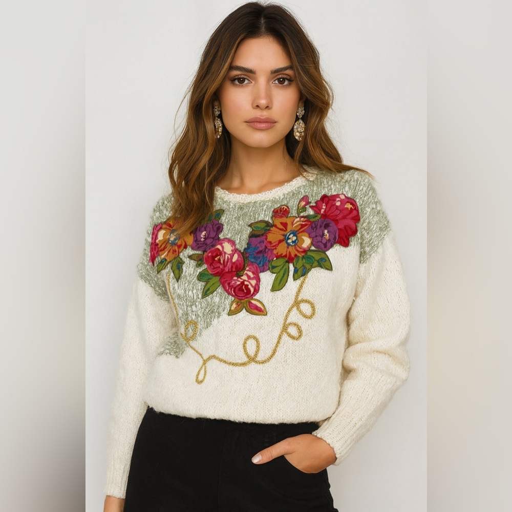 Vintage Deb Cream Floral Embroidered Sweater Sz. M